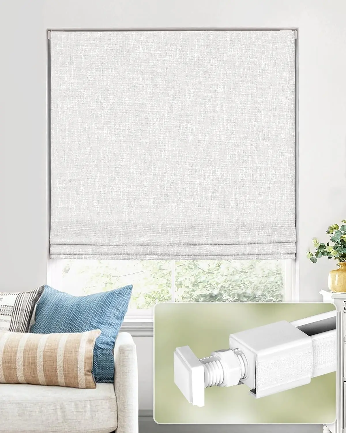 No Tools No Drill Cordless Roman Shades for Indoor Windows 100% Blackout, for Window Size 34" W × 64" H White