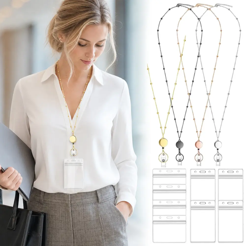 4Pcs Badge Lanyards with Retractable Reels and 8 ID Holders | Stainless steel beaded lanyards, 33.5 in length, 13.5 in retractable reel, waterproof vertical & horizontal holders - Home Improvement.