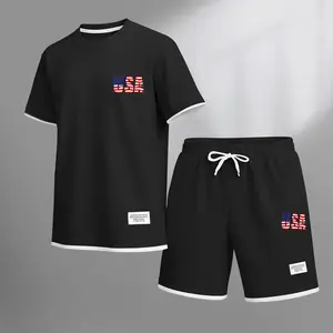 Men's Classic USA-Print Drawstring Shorts Set, Perfect For Spring And Summer. This Casual Summer Set Includes A Short-Sleeved Shirt And Shorts, Ideal For Everyday Wear And Sports Activities.