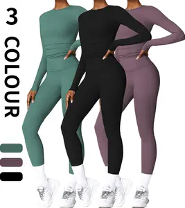 Women's Slimming Yoga Set Gym Exercise Clothing Fitness Long Sleeved Top & High Waisted Leggings Set for Workout and Outdoor Activities Timeless Sports Style Summer Sportswear 3 Color Options