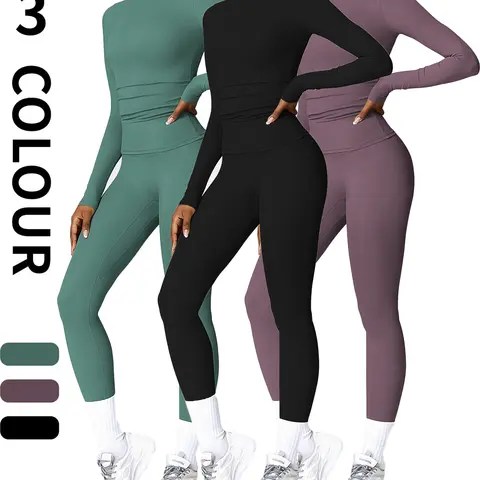 Women's 2-Piece Plain Knit Sportswear Set - Tight Long-Sleeved Crew Neck T-Shirt, High-Waisted Above-Ankle Yoga Leggings, Slimming Everyday Active Outfit, 3 Color Options, Knit Fabric, Do Not Dry Clean, Sets for Women 2 Piece