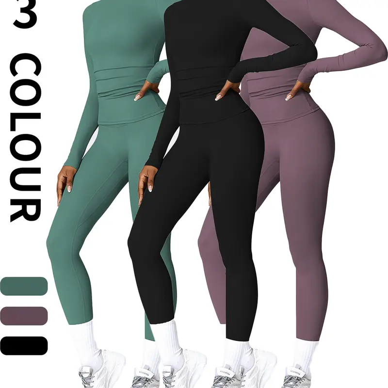 Women's 2-Piece Plain Knit Sportswear Set - Tight Long-Sleeved Crew Neck T-Shirt, High-Waisted Above-Ankle Yoga Leggings, Slimming Everyday Active Outfit, 3 Color Options, Knit Fabric, Do Not Dry Clean, Sets for Women 2 Piece