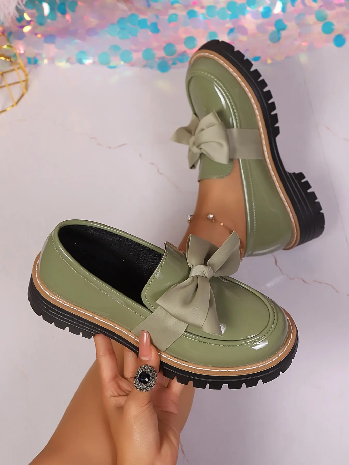 Women's Fashion New Round Toe Chunky Heel Bow Slip-On Casual Lightweight Loafers, Comfortable Daily Wear Shoes