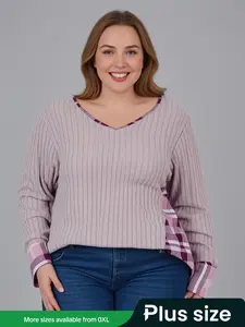 【Plus Size】 Patchwork Plaid Print Button Front V Neck Tee, Casual Long Sleeve T-shirt for Fall & Winter, Women's Clothing for Daily Wear
