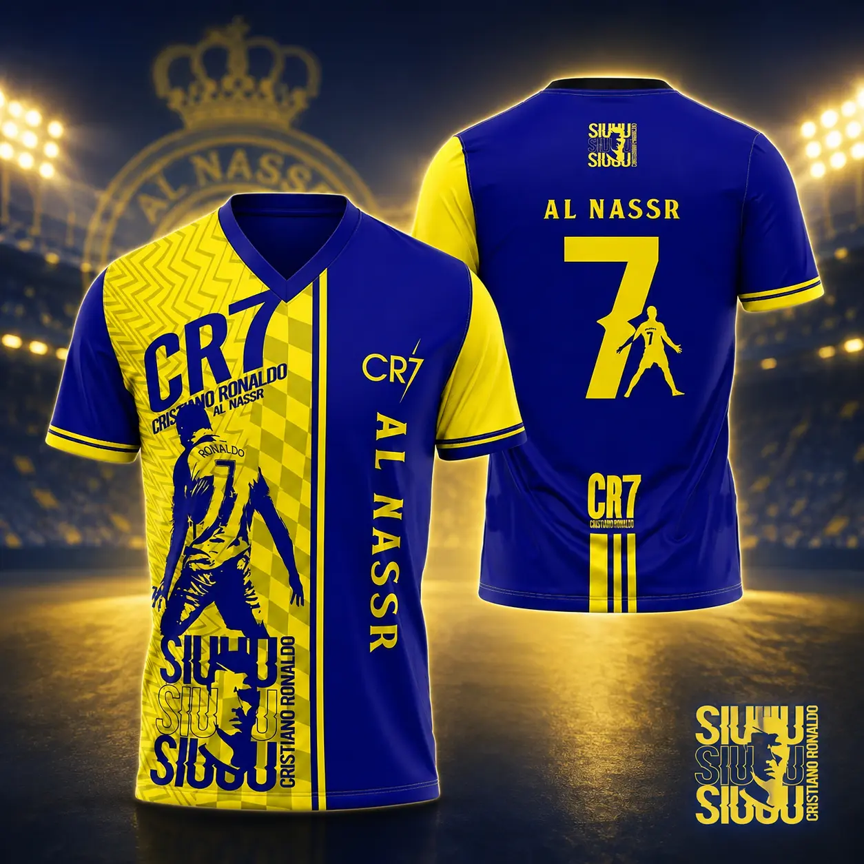 Ronaldo CR7 #7 Soccer Jersey, Men’s Women’s Blue Yellow V-Neck Football Shirt, Short Sleeve Fan Apparel, SIUUU Ronaldo Gift