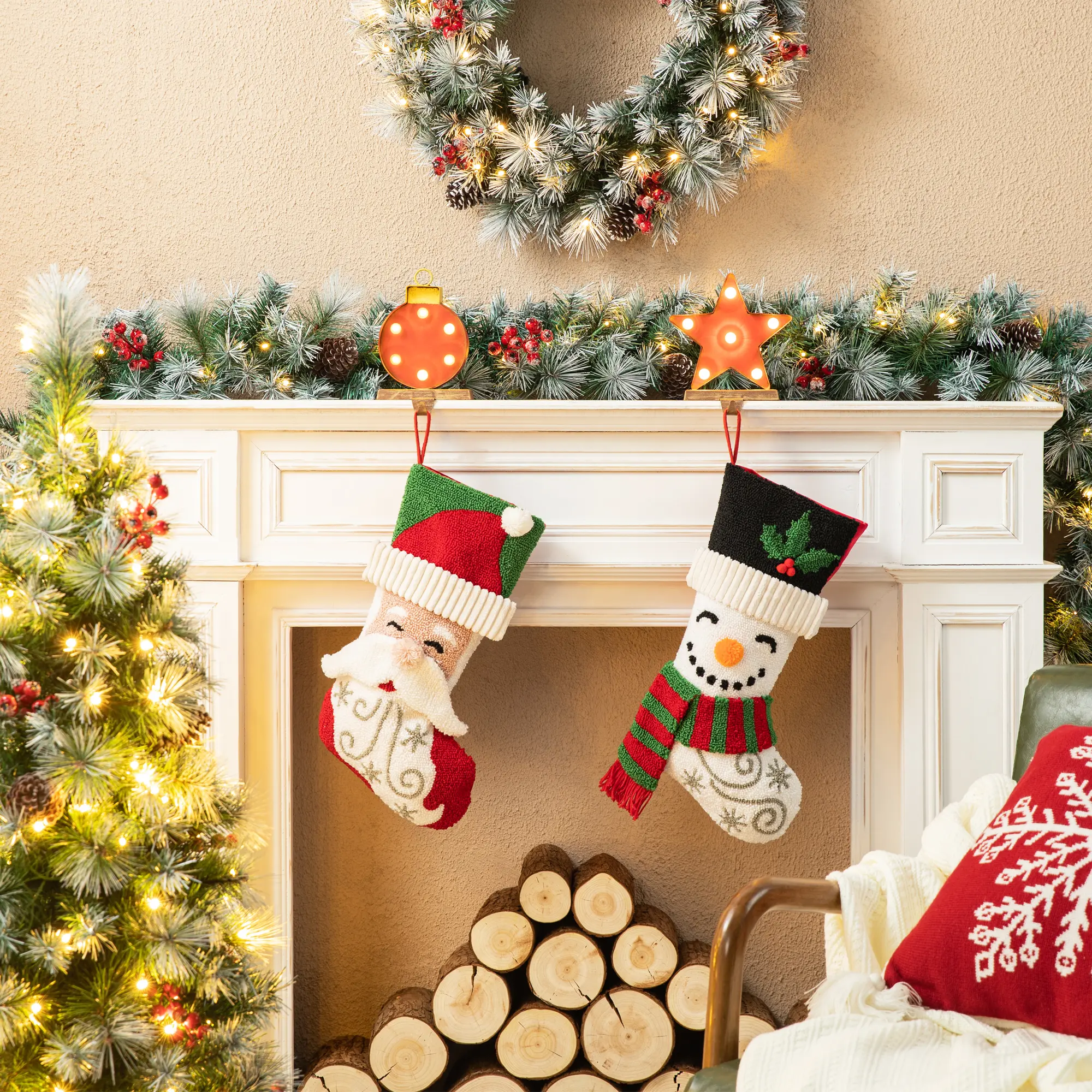 Glitzhome 20.5"L Hooked Stocking, Snowman/Santa