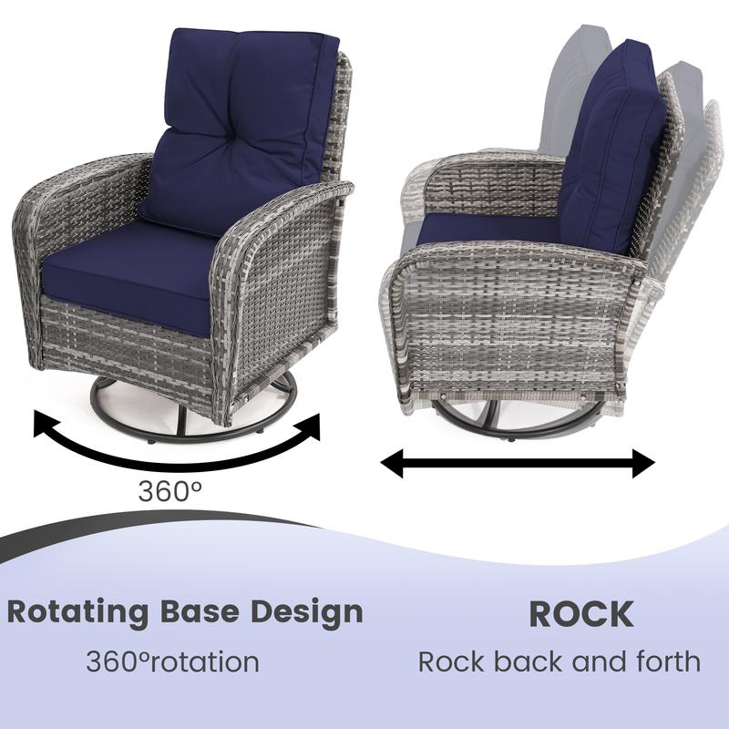 2 Luxury Outdoor Swivel Wicker Glider Patio Chairs with Glass Table Set, Overstuffed Washable Cushions, Ideal for Porch, Balcony, Deck, Grey Rattan and Blue Cushions. wicker  furniture