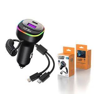 4-in-1 Car Adapter 25W USB-C PD Charger, equipped with retractable Type-C and Lightning cables compatible with 12V-24V cigarette lighter sockets