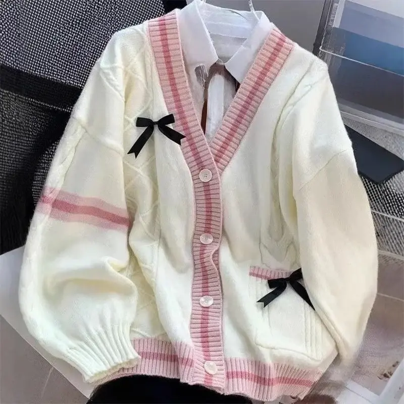 Casual Sweet Bow Cardigan Woman Autumn Winter Japanese Classic Preppy Style Knitted Coats Y2K Vintage Contrast Color V-Neck Tops