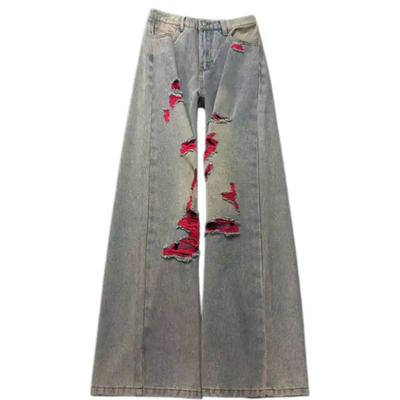 Men's Chic Red Ripped Denim Pants - Mid Waist Half-Elastic Waistband, Street Style Casual Menswear for Summer Parties, Ripped Jeans, Ripped Detail
