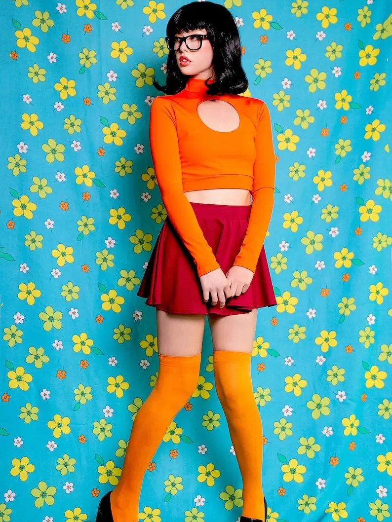 Skirt Set, Orange Long Sleeve Keyhole Mockneck Top, Burgundy Skater Skirt, Cosplay Costume