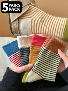 5 pairs of women's striped mid-calf socks, Trendy socks, casual design with thick layered construction, available in multiple colors for year-round wear, these socks are ideal for everyday use while offering a touch of fashionable char