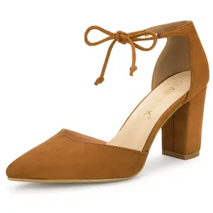 Allegra K Women's Ankle Tie Point Toe High Block Heel Dress Pumps Brown 7.5