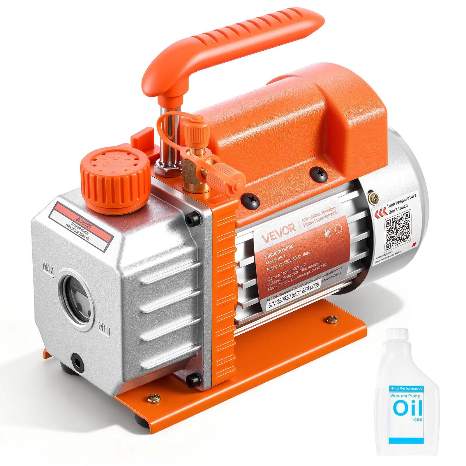 VEVOR Single Stage Rotary Vane Vacuum Pump with Cooling Fan - 3.5 CFM, 1/4 HP 4-Pole Motor, Cast Iron Build, SAE Ports, for Automotive AC Maintenance & Resin Degassing, R134a/R22/R410a HVAC Compatible, Includes 0.21 Qt (200 Ml) 1/2-Inch Acme Oil Bottle