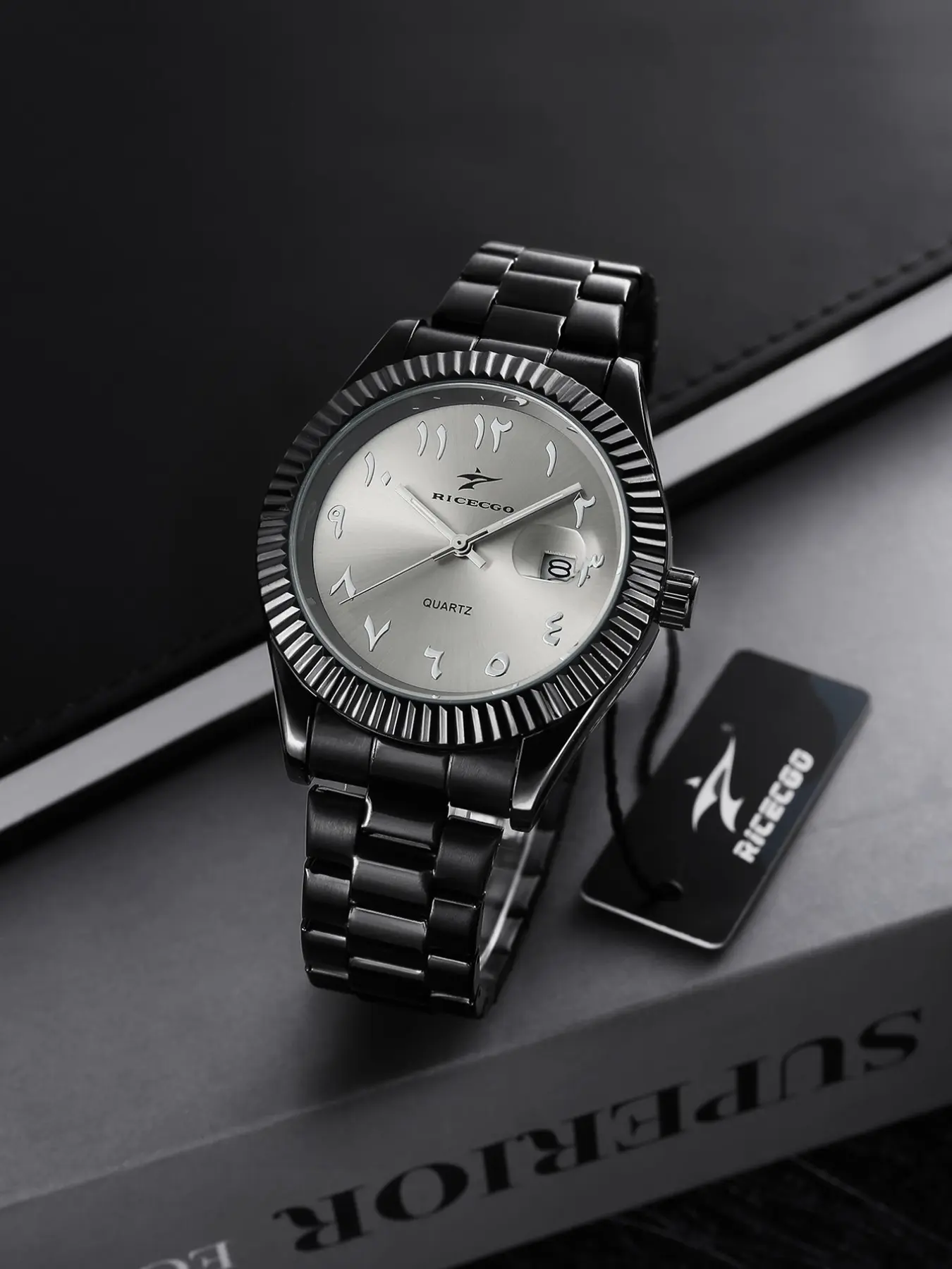 Men's all black steel strip business watch with Arabic numeral dial and calendar gear ring design, quartz watch, a great gift choice, with box!