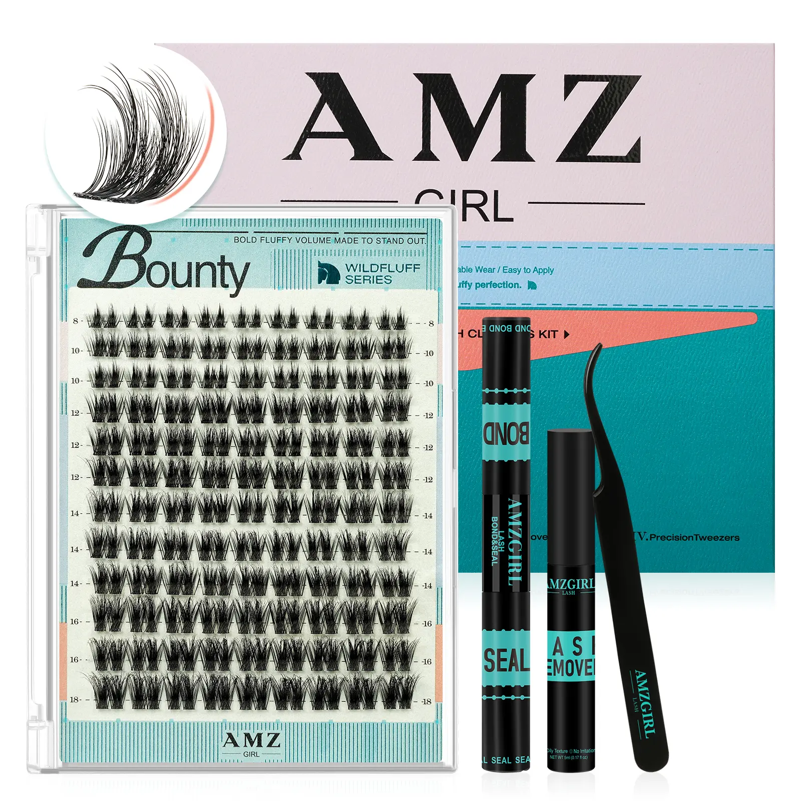AMZGIRL Lash Clusters Kit WildFluff Enhanced D Curl Eyelash Extension Kit WildFlow Lashes Cluster Invisible Band Lash with White Lash Bond and Seal,  Lash Remover and Lash Applicators