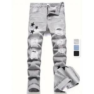 Ripped Skinny Jeans - Men's Star Embroidered Slim Fit Jeans for Men  Pants Casual solid drawstring waist pocket sweatpants megging  jeans