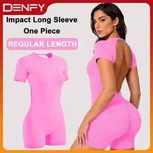 [STRONG COMPRESSED] DENFY Impact Short Sleeve One Piece Women Soft Padded Bralette Tummy Control Butt Lifting Gym Workout Yoga One Piece Activewear