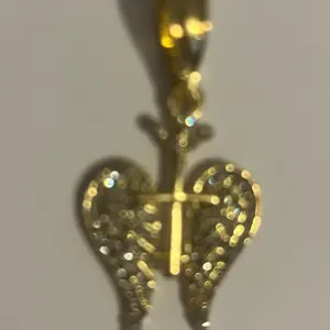 18k Yellow Gold Filled Heart Cross Angel Wings Pendant Set in Rhinestones Elegant Jewelry Piece