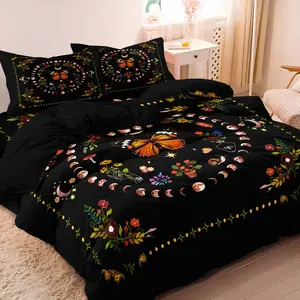 3pcs Orange Butterfly And Crescent Moon Starlight Design Bedding Se,Plant And Flower Circle Digital Printing Decorative Duvet Cover,(Including 1 Duvet Cover & 2 Pillowcases,No Core),Bedding Set For Home Bedroom Hotel Bed Sets Supplies