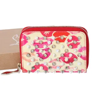 Pre-owned christian louboutin Rayon Small Leather Goods Wallet Multicolor Geometric Coin Case Lips Light Yellow Red Multi Patent Leather