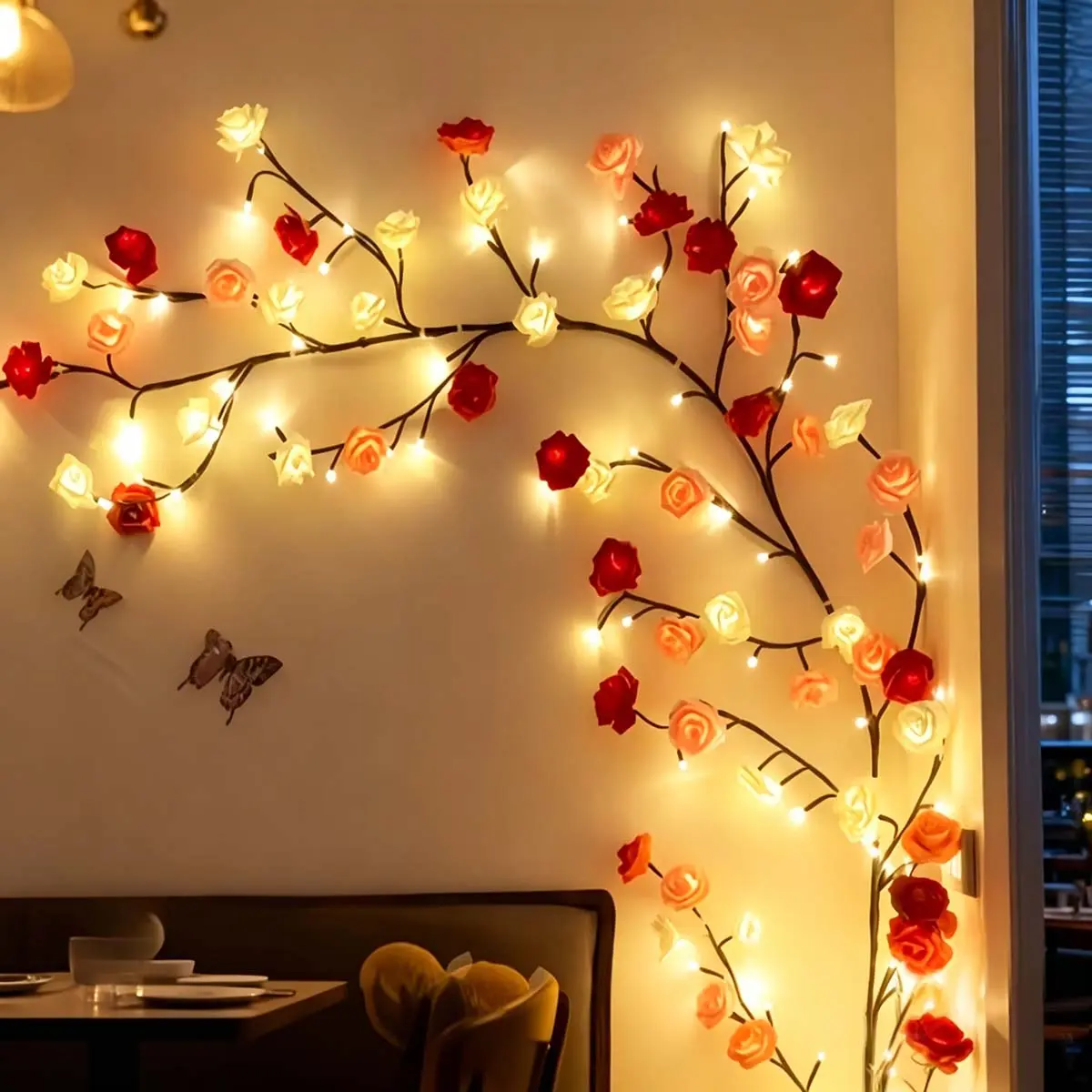 1.8M USB-Powered Wireless Rose Vine Fairy Lights Indoor, 96 LED Artificial Flower Garland with Remote, 8 Modes Glow-Twinkle Color-Changing Lights Indoor, Plug-In Hanging Floral Twig for Bedroom Aesthetic Wall, Wedding Decoration, Glow Lights Indoor Magic