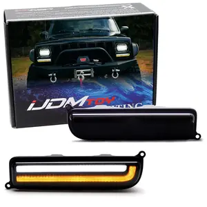 iJDMTOY Blackout Smoked Lens White LED Driving Light/Amber Sequential Blink LED Front Turn Signal Light Assembly, For Jeep 1997-2001 Cherokee XJ