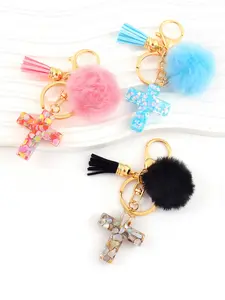Colorful Cross Keychain with Pom-Pom Tassel, Elegant Round Buckle, Fashionable Bag Accessory for All Seasons