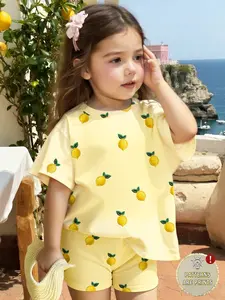Babygirl Two-Piece Set Vacation Style Fresh Cute Lemon Print Top & Shorts Suit for Summer Outdoors, Casual Fashion for Women