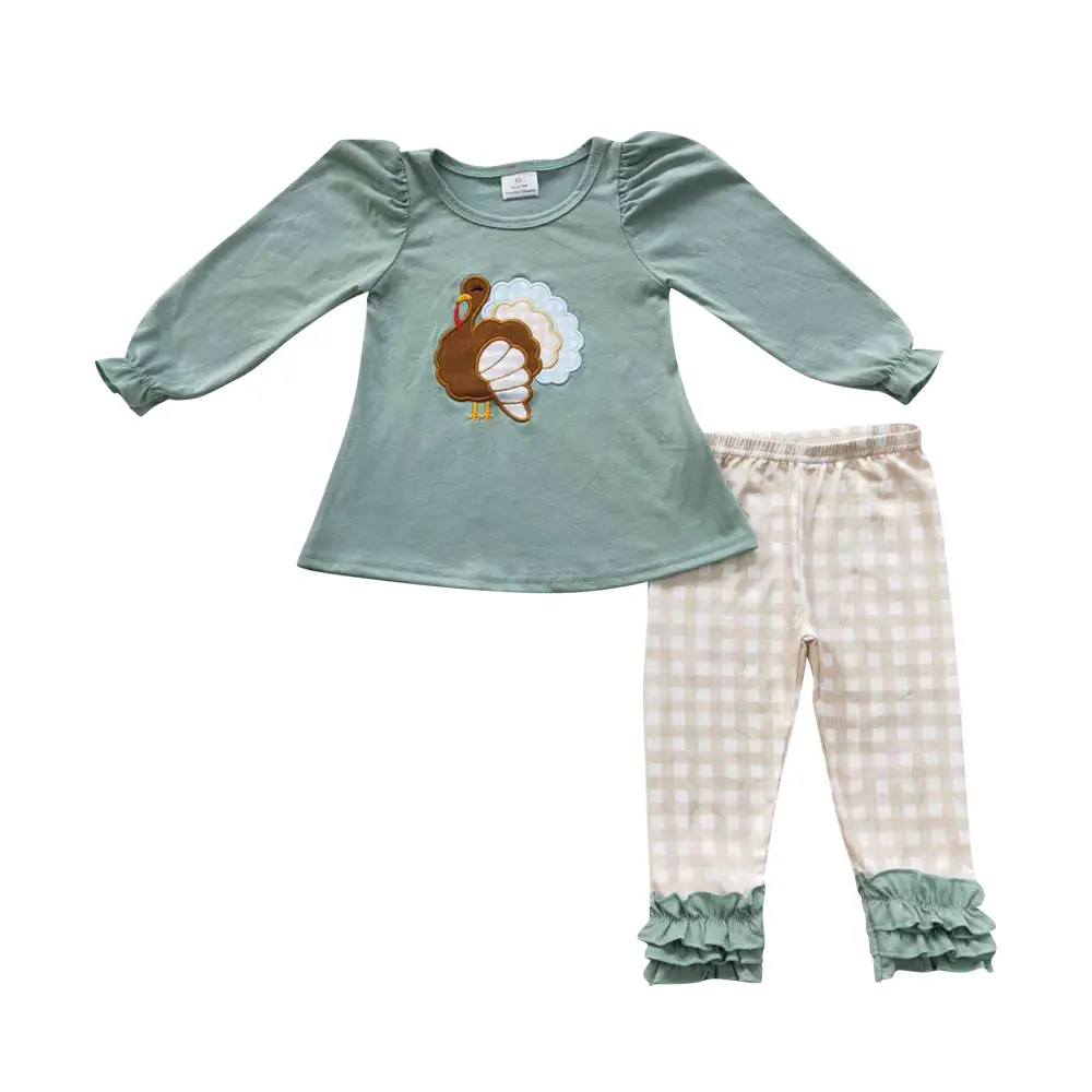 GLP0534-girls clothing Thanksgiving turkey embroideried green outfits
