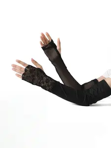 Floral Lace Hollow Out Mesh Fingerless Arm Sleeves, 90% Nylon 10% Spandex Breathable UV Protection Sun Covers, Coquette Gothic Aesthetic Elastic Long Lace Gloves, For Women Summer Party Dating Driving Cosplay