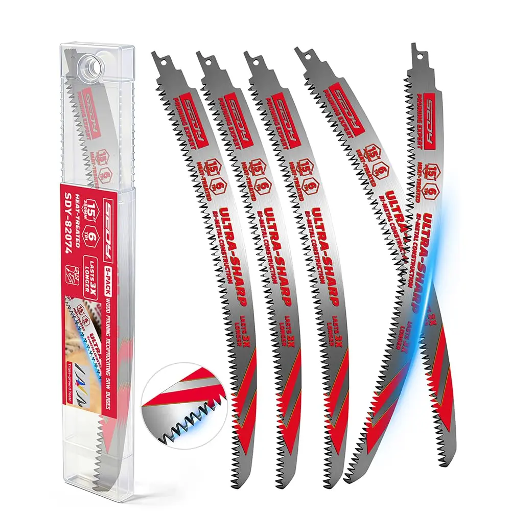 15 Inch Japanese Teeth Reciprocating Saw Blades, 6TPI Arc Edge Wood Pruning Saw Blades Set for Tree Trimming, Wood Cutting, 5 Pack