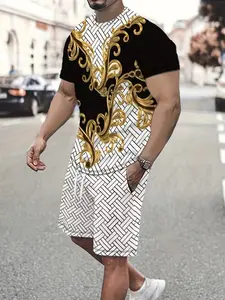 Men's Fashion Casual Sporty Style Sportswear Set, Workout Running Clothes, Workout Sets, HD Pattern Short Sleeve Tee + Drawstring Gym Shorts Two-Piece Set, Summer Outdoor Round Neck Training