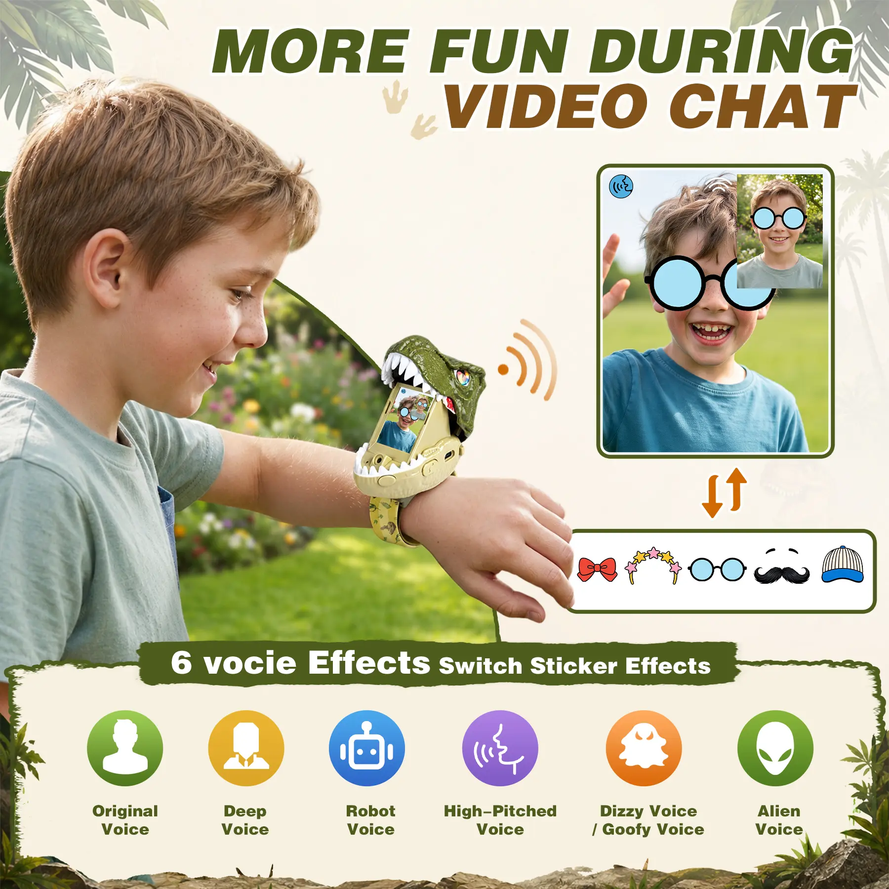 Voice and sticker effects on kids dinosaur video walkie talkie