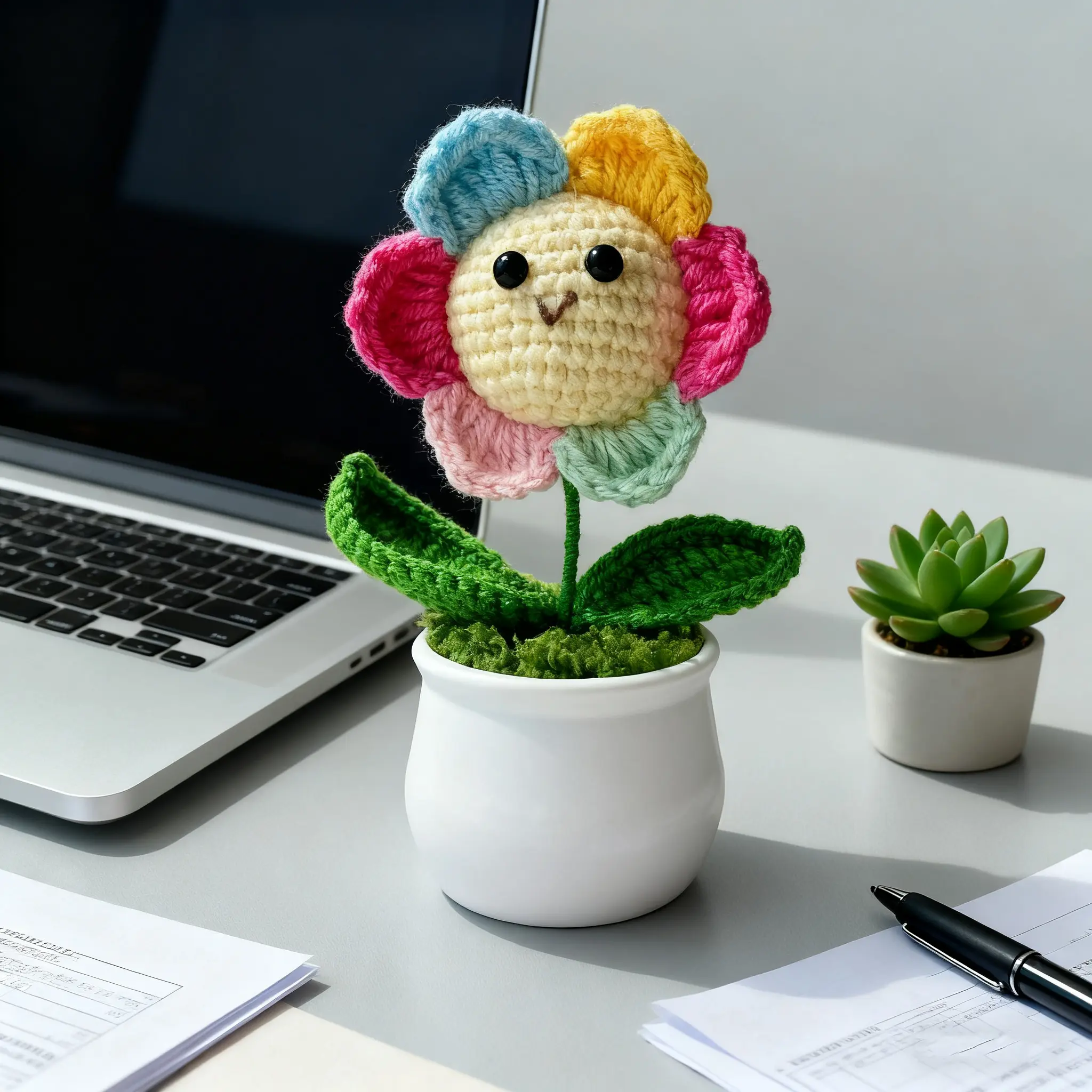 Handmade Crochet Sunflower Lifelike Artificial Flower, Plush Plant Desktop Decoration, Decorative Fake Plant, Emotional Support Gift, Home Decor Accessory, Artificial Potted Flower