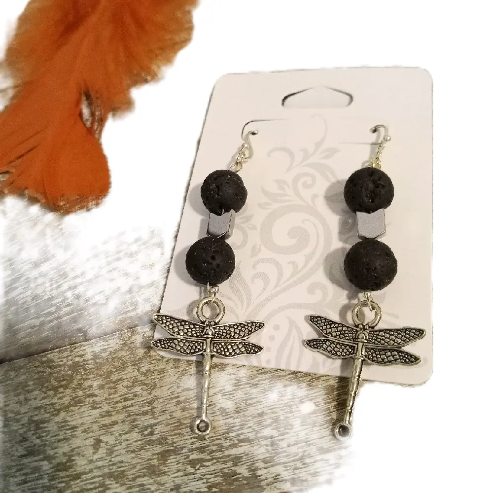 Silvertone Dragonfly Earrings with Black Lava Beads - Elegant Design Featuring Dragonfly Charms and Lava Beads