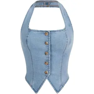 Women's Denim Tops Y2K Halter Button Up Strapless Jean Vest Western Going Out Crop Top
