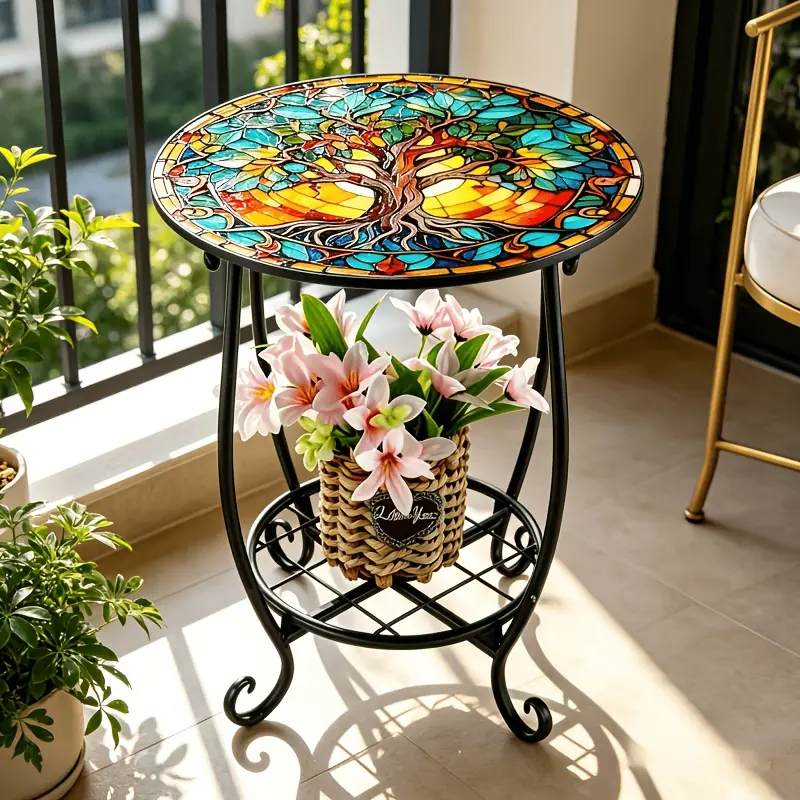 14-inch Mosaic Round Tree of Life Side Table, Outdoor Patio End Table, Iron Plant Stand, Suitable for Terrace, Porch, Living Room and Bedroom