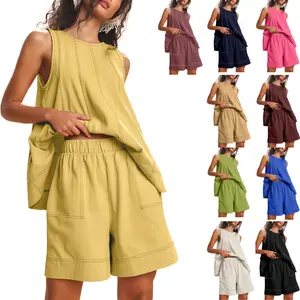 Yeokou Women's 2 Piece Outfits Sleeveless Matching Sets A Line Tank Tops Contrast Stitching High Waist Shorts with Pockets