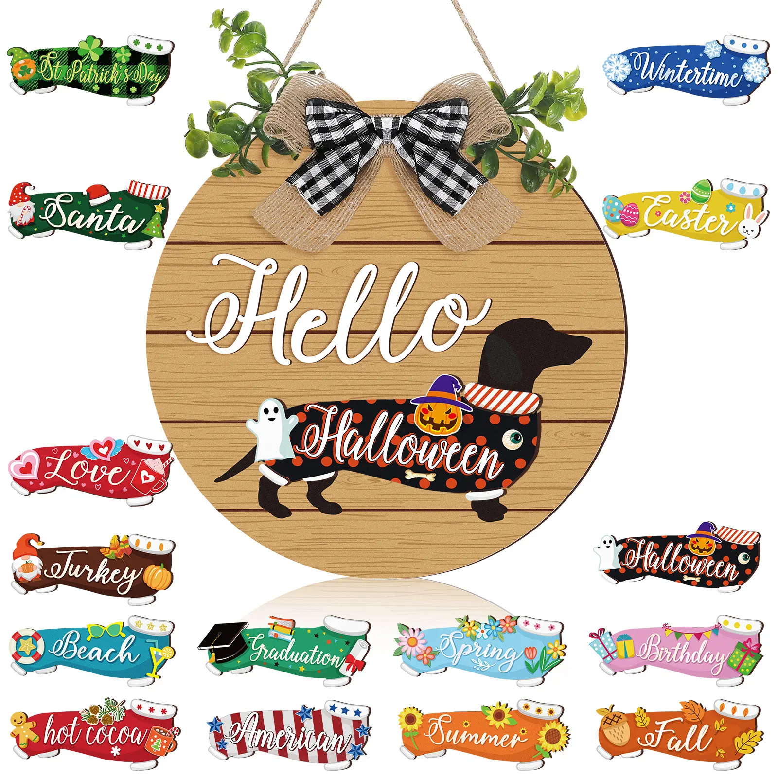 Gejoy Halloween Dachshund Sign Interchangeable Welcome Sign Dog Lover Gifts Weiner Dog Decor Weiner Wreath Gifts For Dachshund Lover,Halloween Decoration For Door Outdoor Porch Garden, Birthday Summer Halloween Party Decoration