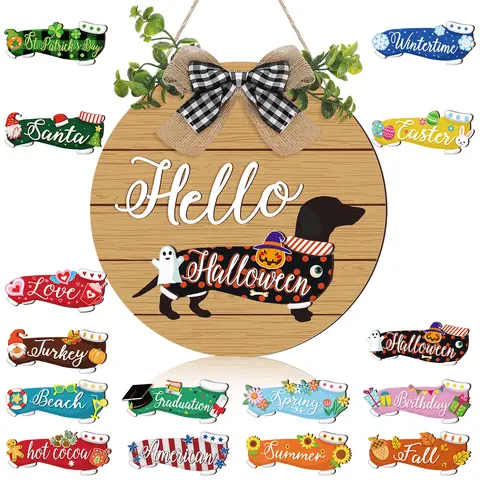 Gejoy Interchangeable Dachshund Decor Halloween Welcome Sign for Door Outdoor Porch Garden, Birthday Fall Thankgiving Day Halloween Party Decoration
