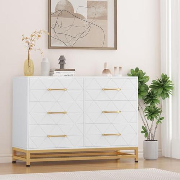 White Dresser for Bedroom with 6 Drawers, Wood Chest of Drawers, TV Stand, Morden Dresser for Closet, Living Room, Hallway, Nursery