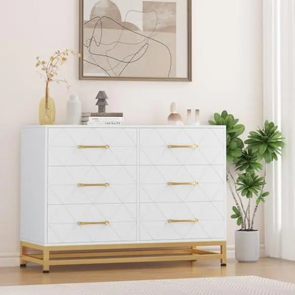 White Dresser for Bedroom with 6 Drawers, Wood Chest of Drawers, TV Stand, Morden Dresser for Closet, Living Room, Hallway, Nursery
