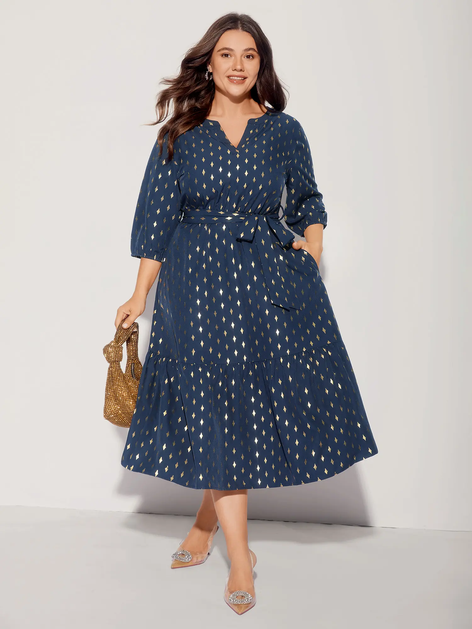 BLOOMCHIC Women's Belted Wrap Polka Dot Dress - Indigo Geometric Print, V-Neck, Glitter Notched Elbow-Length Lantern Sleeves, Gathered Waist, Pocket, Polyester Midi Casual Dress for Party,Summer, Flattering Fit, Womenswear & Underwear, Garment, Casual Wea
