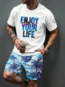 Summer Men's Outdoor Round Neck Short Sleeve T-Shirt and Shorts Set, Vacation Style All over Print, Fitted, Above the Knee