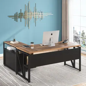 Tribesigns 63-inch L Shaped Desk with Drawer Cabinet and Lateral File Cabinet, 2 Piece Home Office Furniture for Hanging Files, Brown