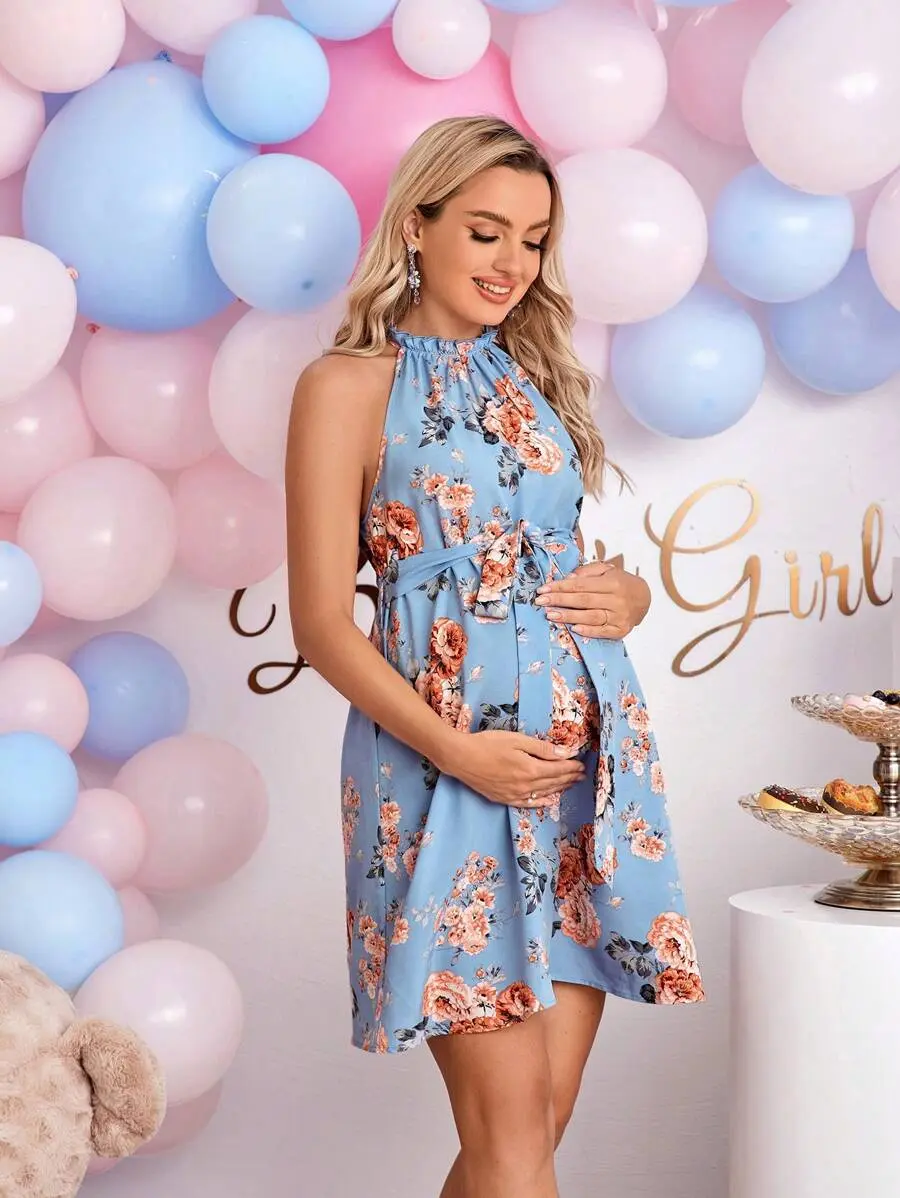 LUNA LAYER Womens Maternity Nursing Dress Halter Boho Floral Baby Shower Mini Dress
