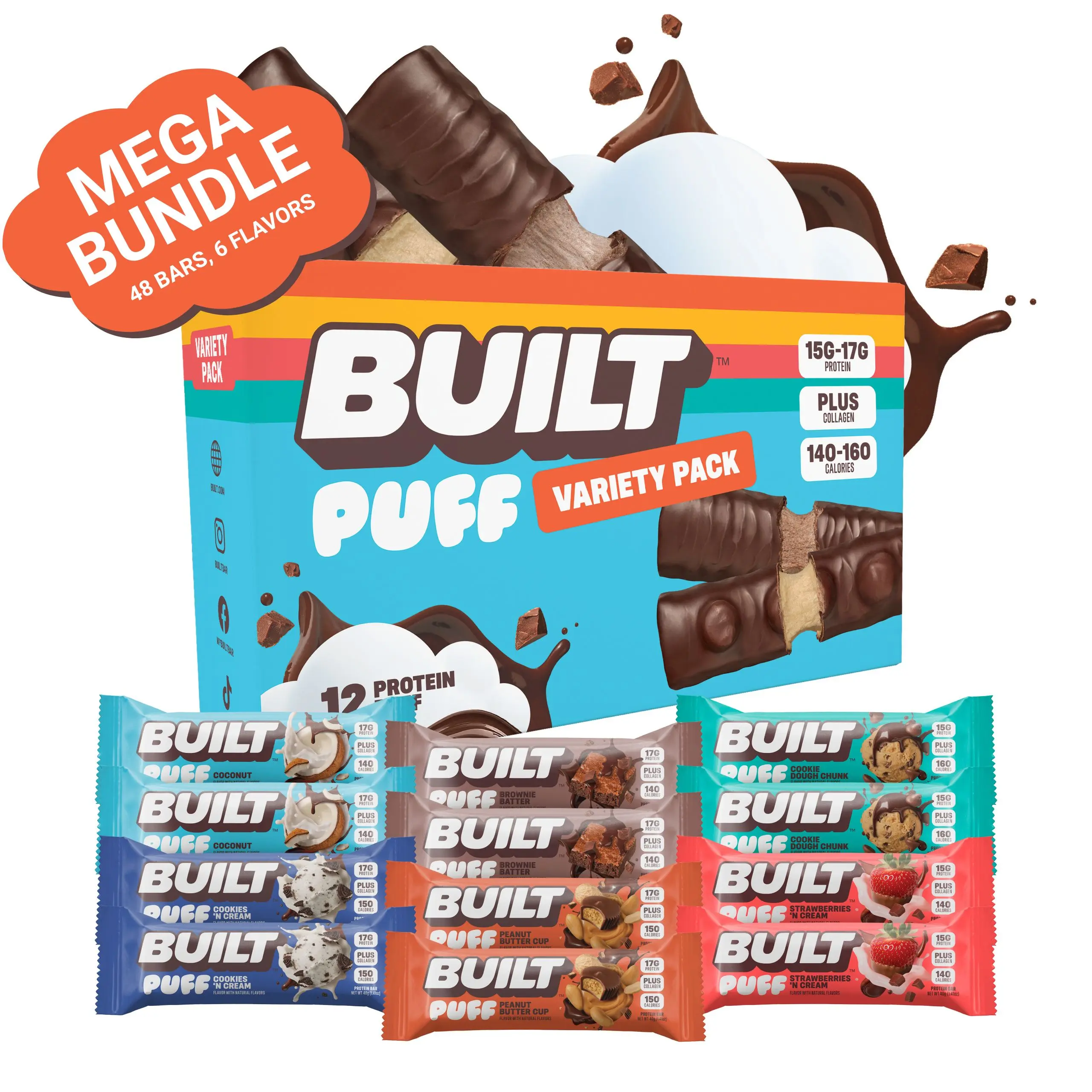 Official BUILT Bar, Mega Bundle, Variety Flavor Party Puff Pack (48 bars, 6 flavors, 4packs of 12) Official BUILT Bar, Mega Bundle, Variety Flavor Party Puff Pack (48 bars, 6 flavors, 4packs of 12)