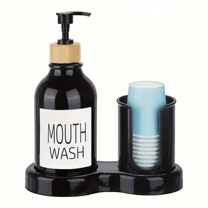 Mouthwash Storage Dispenser for Bathroom, 16oz Plastic Mouthwash Dispenser with Cup Holder and Tray Mouth Wash Refillable Bottle Container, Bathroom Accessory