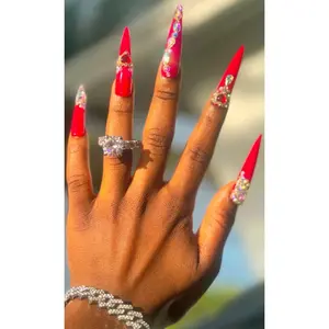 Long stiletto red press on nails with rhinestones (10 nails included)